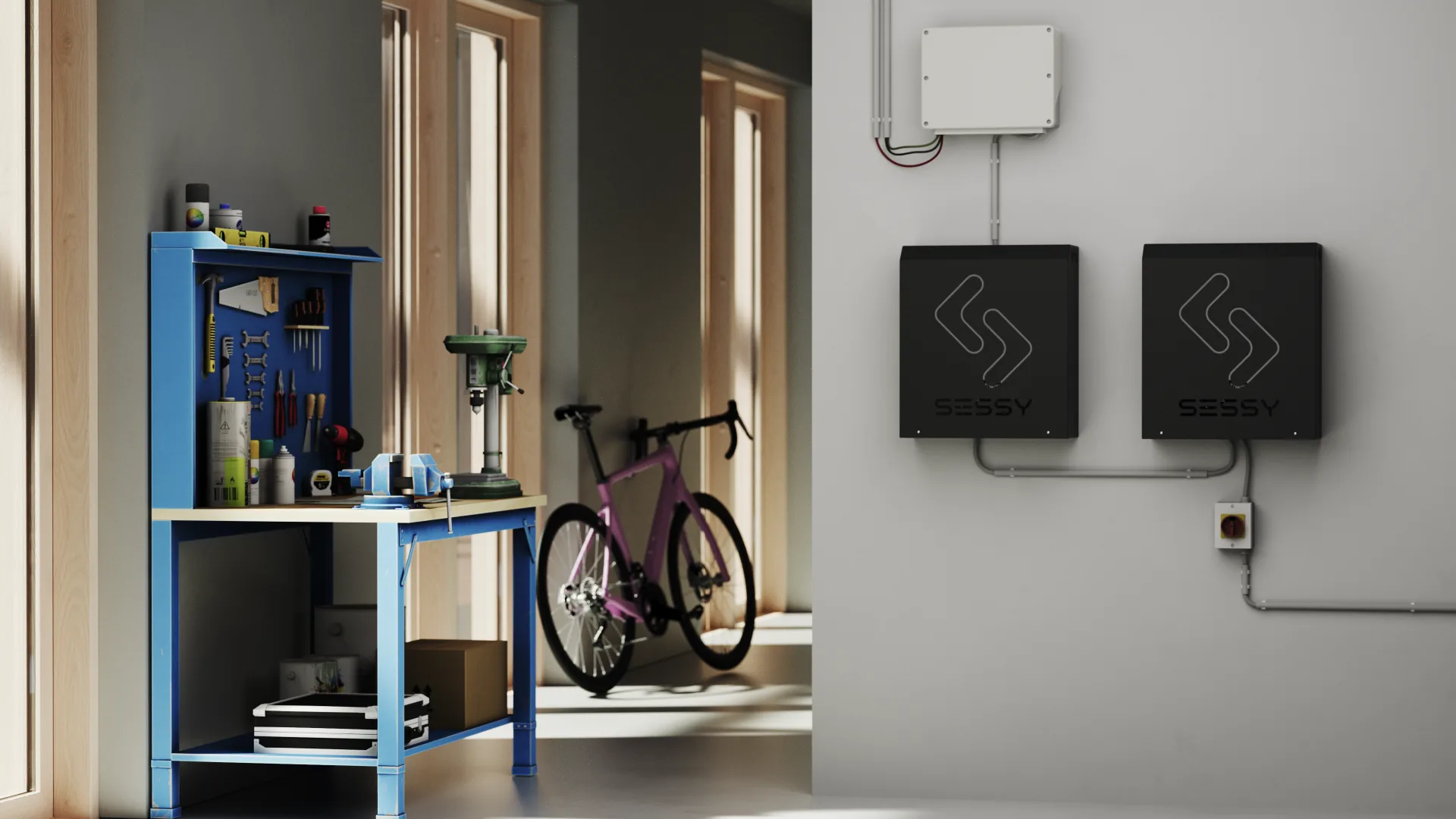 Sessy thuisbatterijen ge&iuml;nstalleerd in moderne garage