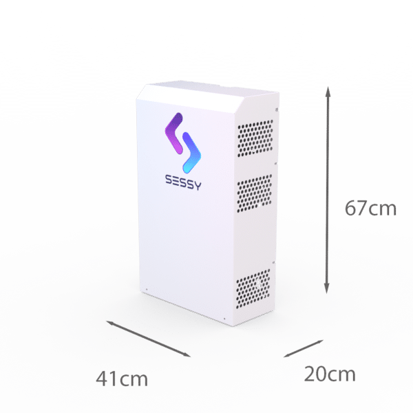 Sessy 5 kWh thuisbatterij wit met afmetingen 41 x 20 x 67 cm